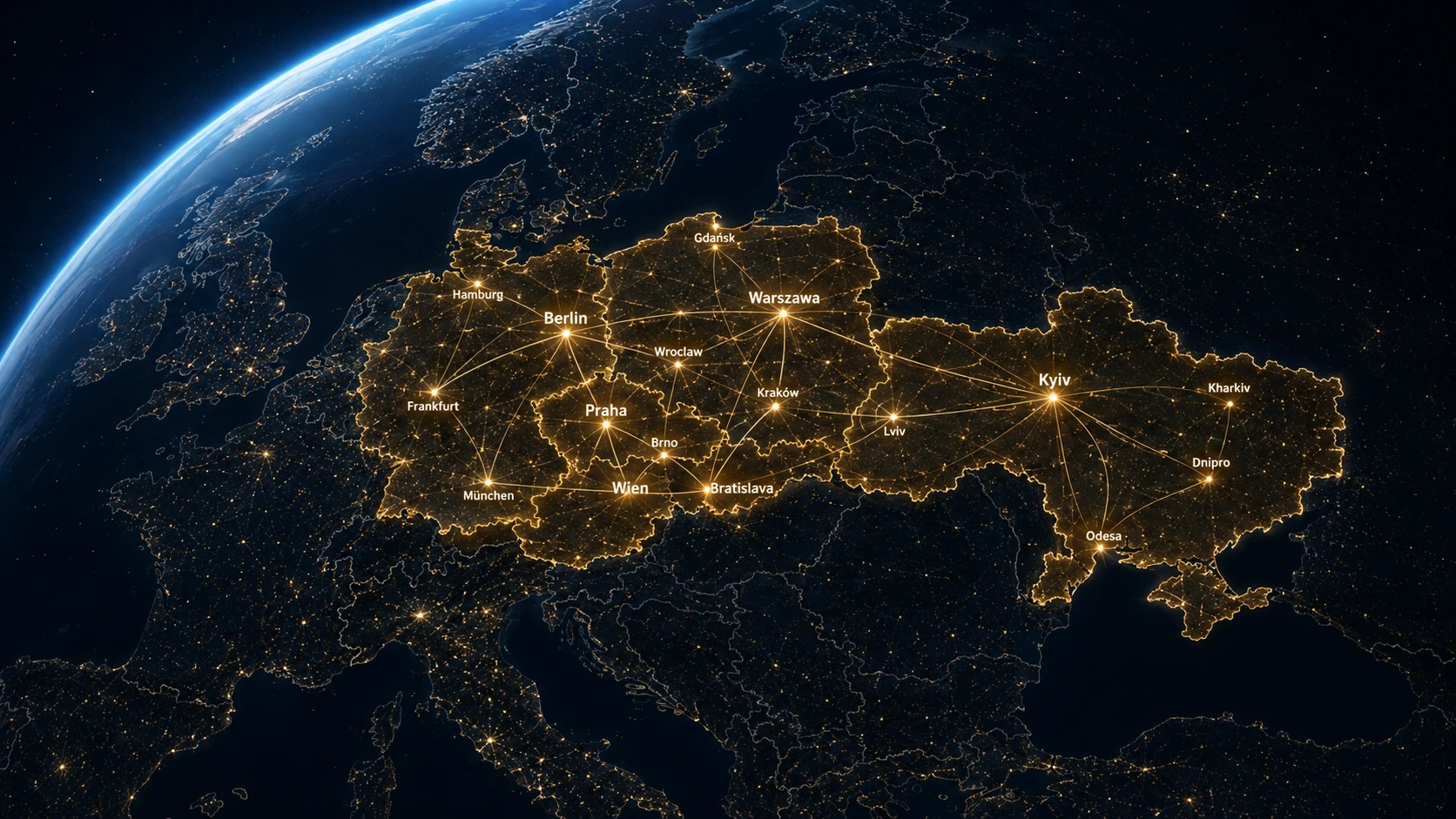 Zlatá mapa evropské sítě GLEB JOB s vyznačenou Prahou a Bratislavou